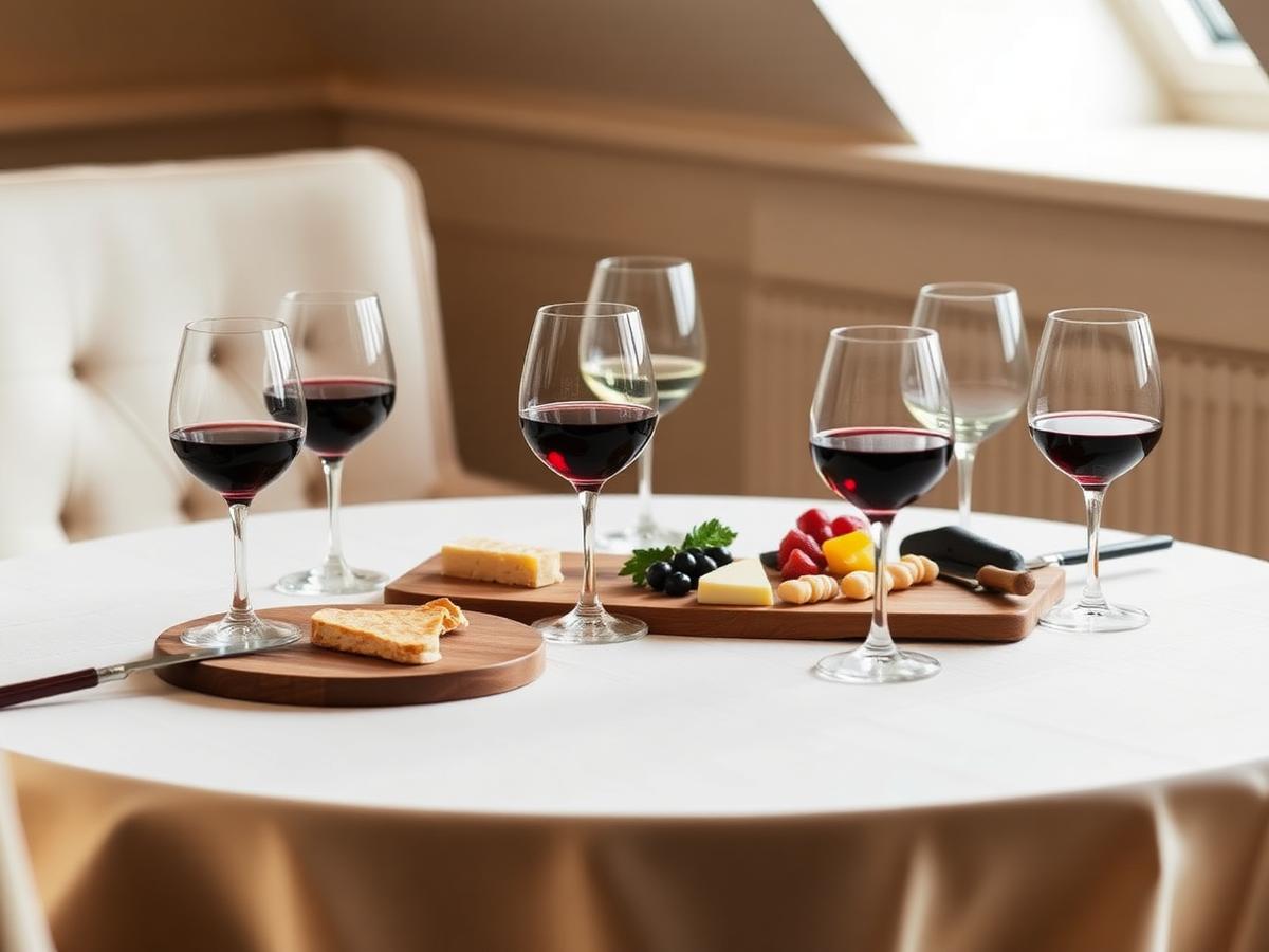 Private tasting table with wine glasses and a pairing board